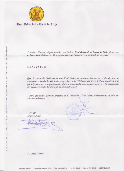 Certificadol de la  participación en la bienal expo Dama  de Elche.